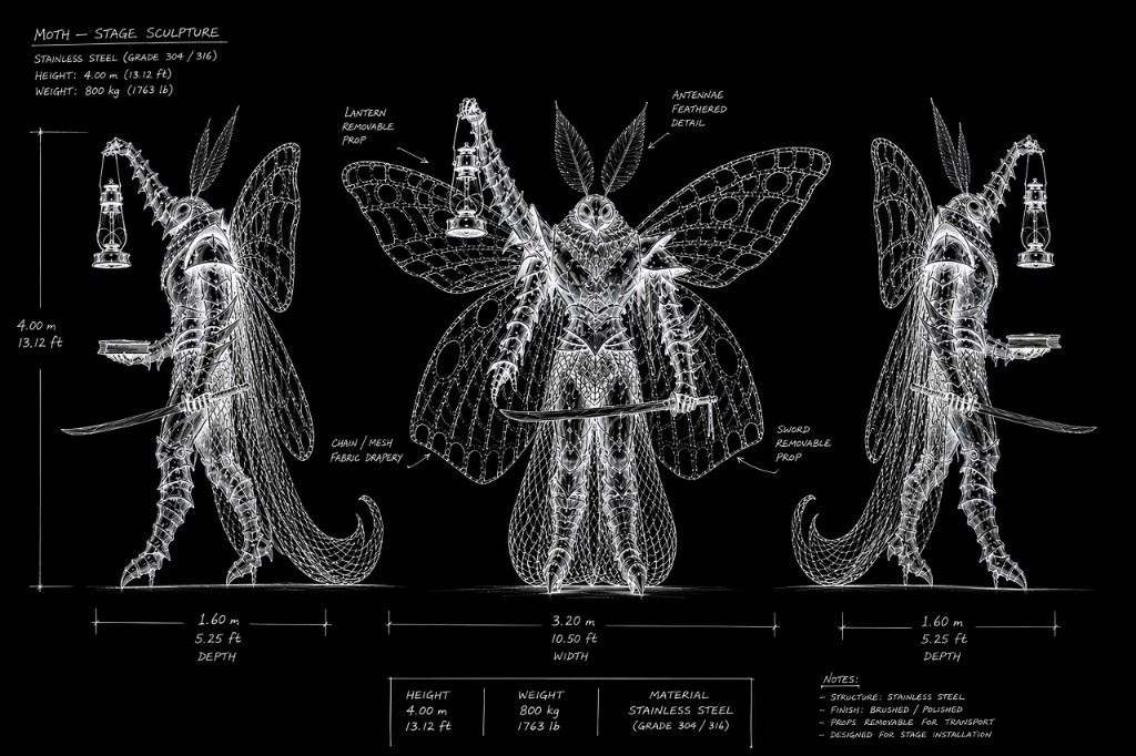Technical blueprint of MOTH stage sculpture — front and profile views with dimensions