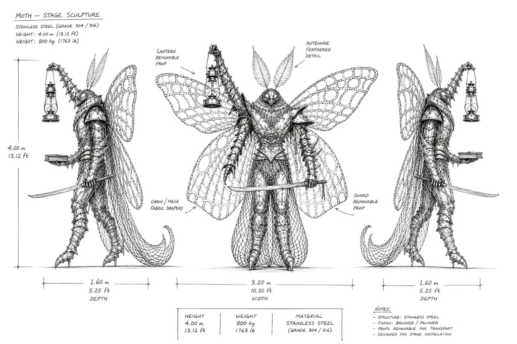 Technical blueprint of MOTH stage sculpture — front and profile views with dimensions